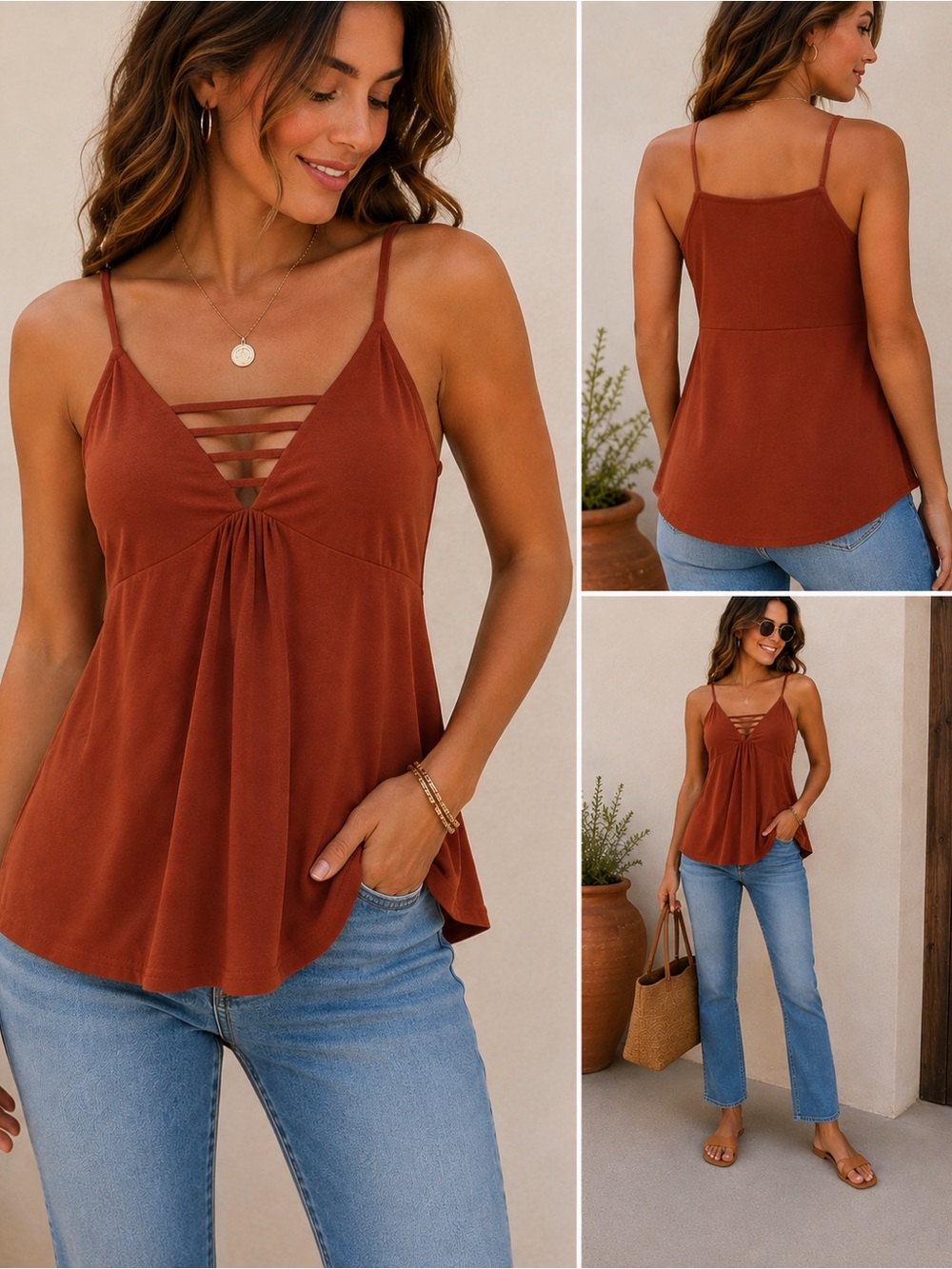 Venus Rust Terracotta Deep V-Neck Ladder Detail Cami Tank
